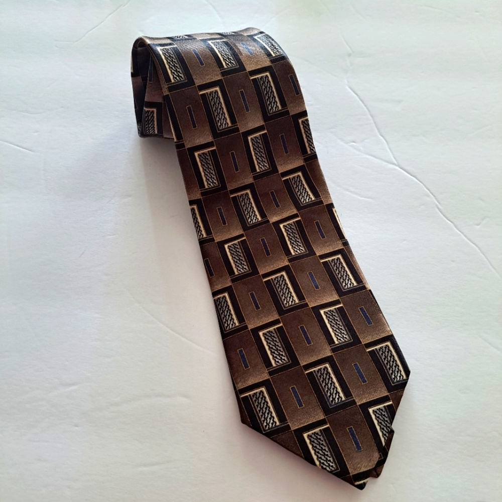 David Taylor Geometric Brown Multicolored 100% Imported Polyester Necktie 60"
